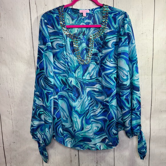 Lilly Pulitzer Blue Swirl Print 100% Silk Tunic Top Resort Boho Glam Embellished - Picture 1 of 15
